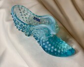 Fenton Hobnail and Cat Glass Shoe in Aqua Blue with Silvercrest, with the original paper label