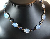 Art Deco Beaded Choker with Moonstone Glass and Blue Bezel Set Rhinestones