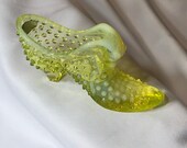 Fenton Hobnail and Cat Glass Shoe in Vaseline Glass with Silvercrest, with the original paper label