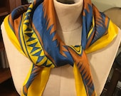 Southwestern Style Silk Scarf with hand rolled hem, golden yellow, deep blue and rust brown