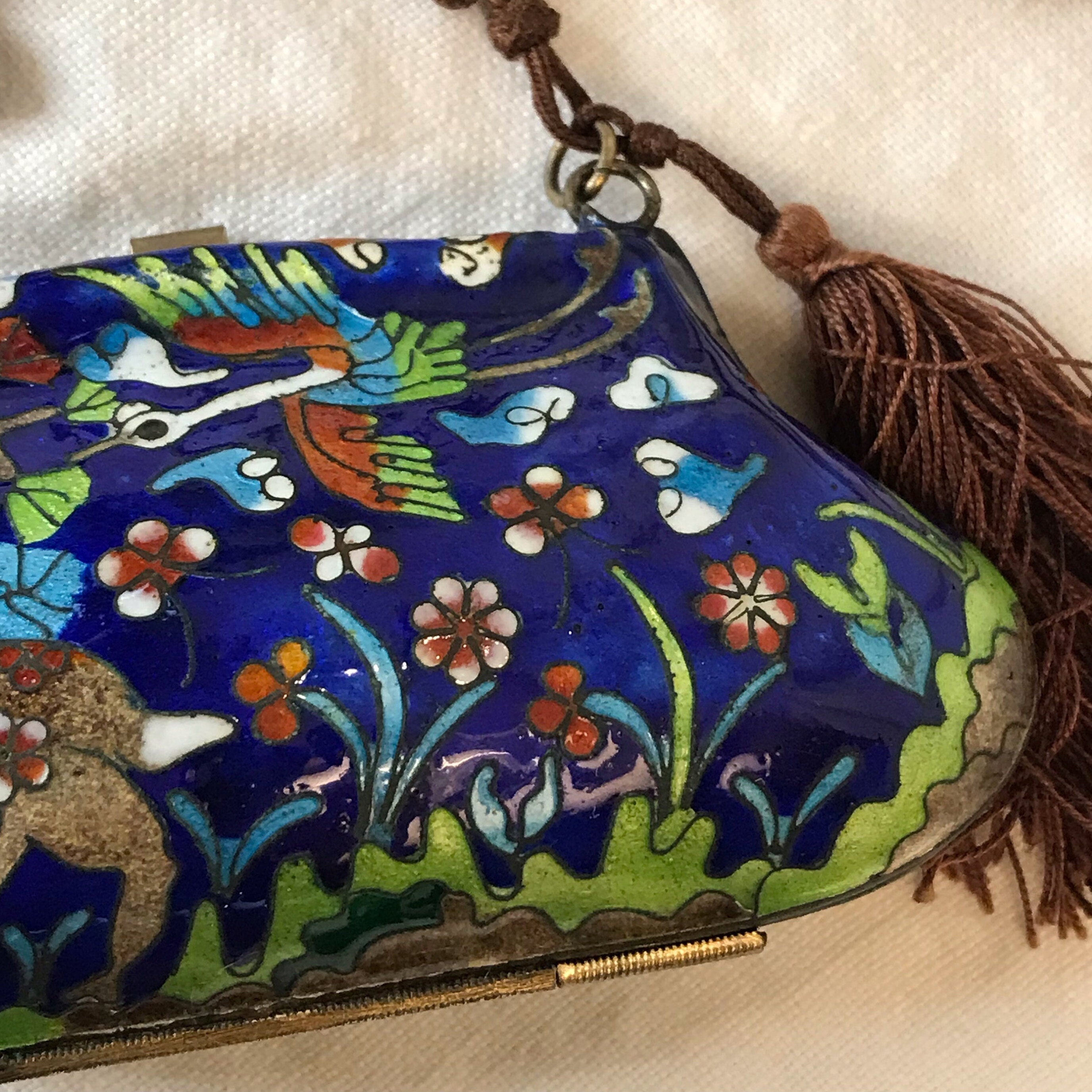 Cloisonne and Enamel Purse, Vintage Import with The Prettiest Deer Design, Early 20th C, in Excellent Condition
