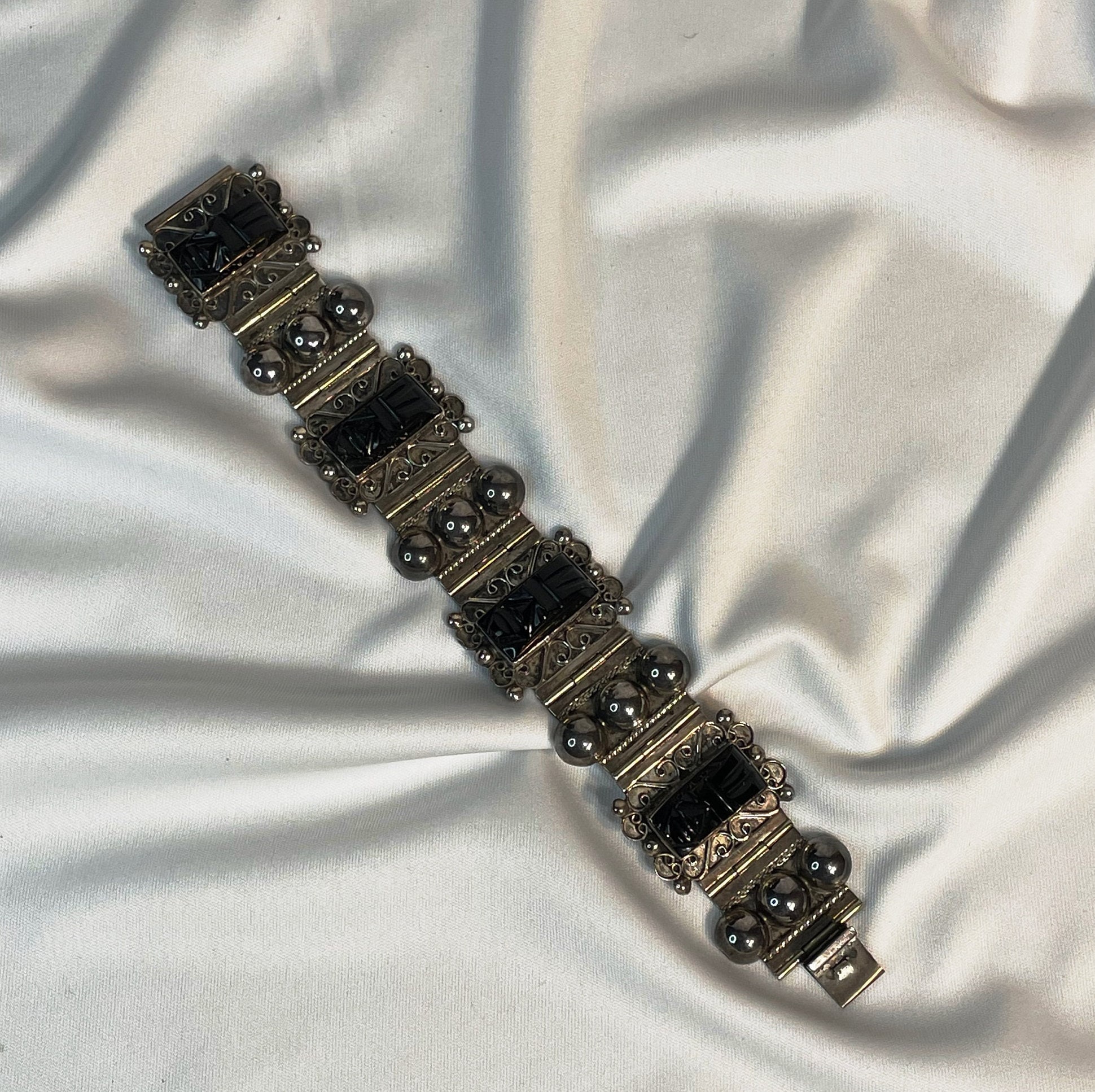 アクセサリー Old Mexico silver onyx toggle bracelet Vintage Mexico