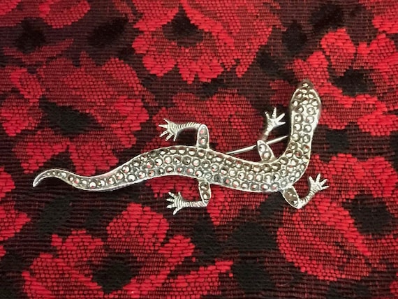 Sterling Silver, Marcasite Lizard Pin or Brooch, … - image 1