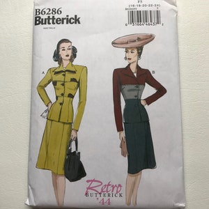 Traje retro de 1944, Butterick B6286, tallas 16-24, patrón de costura en sus pliegues originales.