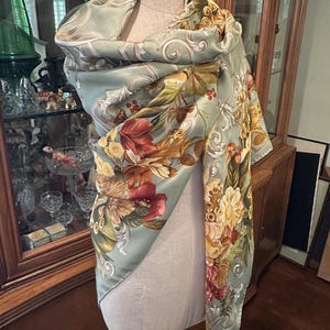 Oversized Silk Twill Scarf, Shawl, 54&quot; Square with Hand Painted Accents, Made in Italy for Cole Haan, Hand Rolled Hem, Roses and Wildflowers