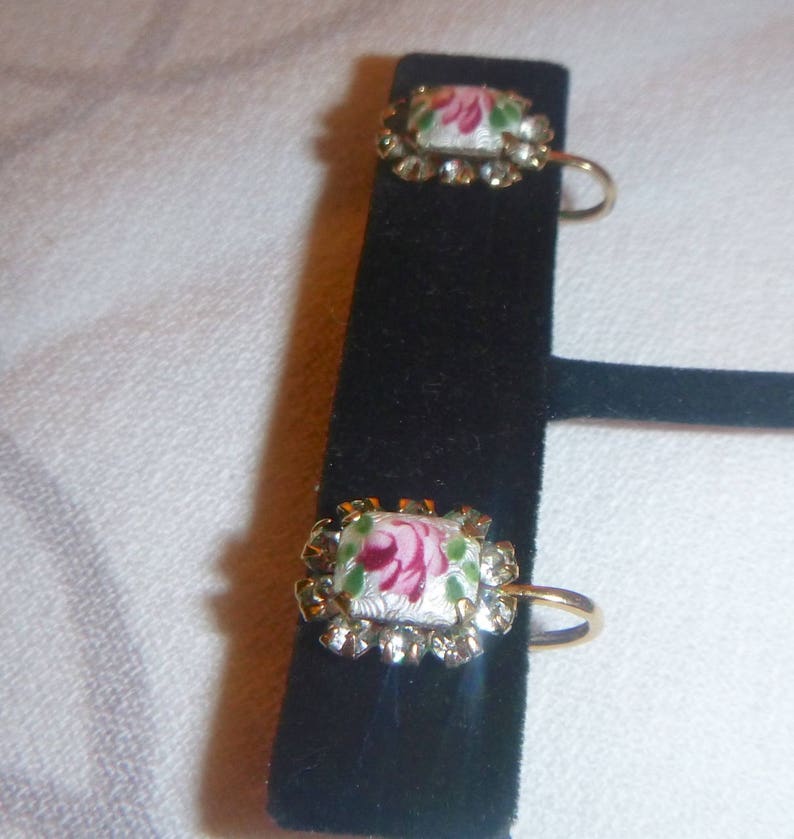 Enamel Guilloche Roses with Rhinestone Settings Antique Earrings with Screw Back Closure