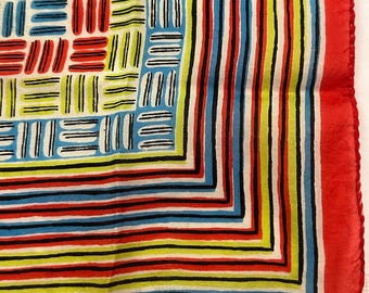 Silk Screened Pocket Square or Small Scarf, Mid Mod and Pop Art Style, 17" Square with Rolled Hem