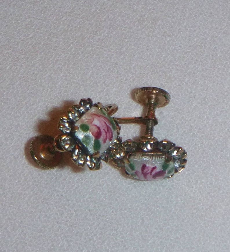 Enamel Guilloche Roses with Rhinestone Settings Antique Earrings with Screw Back Closure