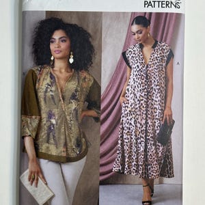 May include: Vogue Patterns sewing pattern featuring two women's fashion designs. One design is a long dress with a leopard print, and the other is a top with a unique pattern. The pattern includes the text "V1937" and "TODAY'S FIT BY SANDRA BETZINA."