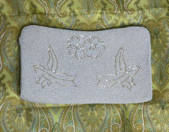 Vintage White Beaded Clutch, 1960's Made in Japan for Macy Associates
