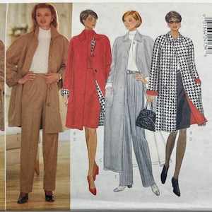 May include: A Butterick sewing pattern envelope 4638 for a collection of coats, jackets, skirts, and trousers. The cover displays two photographs of outfits in tan and brown tones, and three illustrations of garments in red, gray, and houndstooth patterns.
