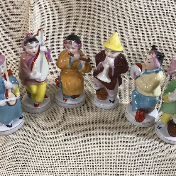 Antique Figurines, Asian Musicians Made in 1940's Occupied Japan, Set of 6 with Bright Colors and A Variety of Instruments