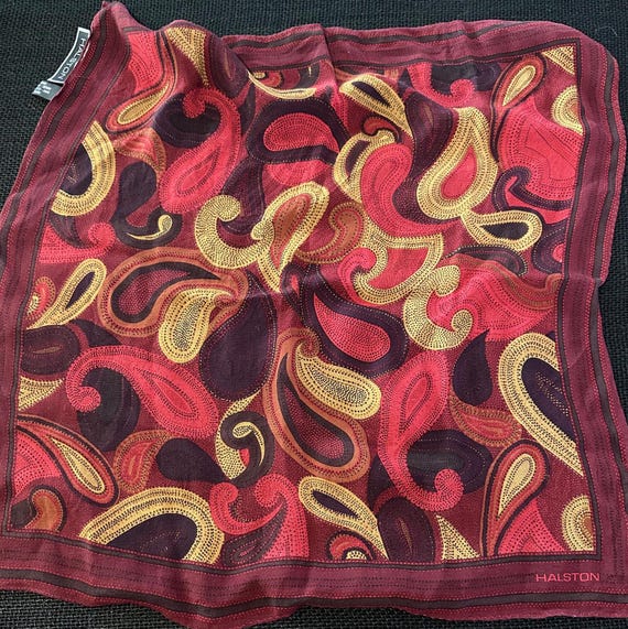 Scarf, Pocket Square in Silk Georgette, by Halston, With Red and