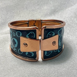 Renoir Copper Enamel Bracelet, Hinged Cuff, Black and Turquoise Enamel, with Wide Panels, 1960&#39;s Vintage Costume Jewelry