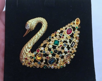 Swarovski Centenary Swan Brooch from 1995 in Gold Tone with Hand Set Swarovski Crystals, with original box and leaflet