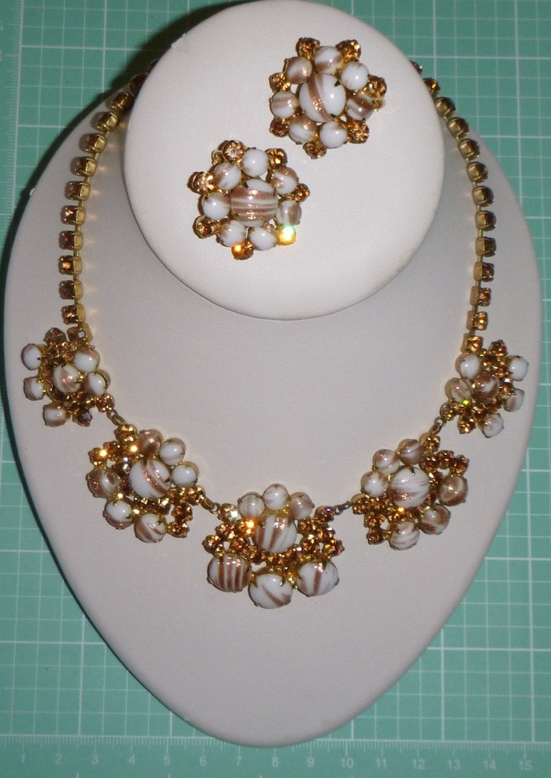 Vintage Rhinestone Necklace and Clip Earrings Juliana Demi Parure White Cabochons with Gold Fluss and Topaz Rhinestones