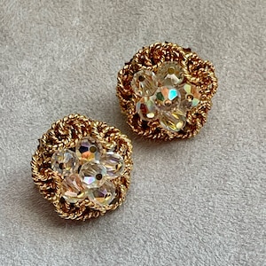 Vintage Vendome Earrings with Crystal Bead Clusters, Adjustable Clip On, Mid Mod Jewelry
