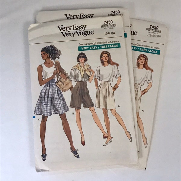 City Shorts From 1989 with Pleats and Invisible Waist, Zipper, Vogue 7450, Size 6-8-10 OR 12, 14, 16, sewing pattern in original folds