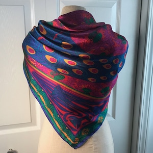 Peacock Silk Scarf by Ginnie Johansen, 35&quot; Square with Rich Jewel Tones and Hand Rolled Hem, Pre-Owned, in VG Condition