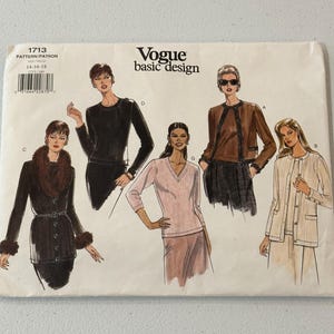 May include: Vogue basic design sewing pattern 1713 with illustrations of women's clothing. The pattern includes designs for a jacket, skirt, and top. The pattern size is 14-16-18.
