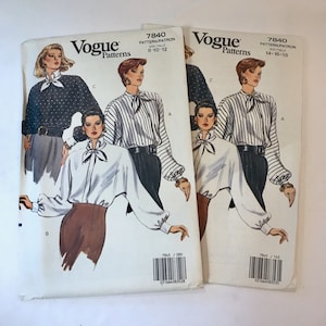Vogue 7840 Blouse Sewing Pattern with Collar Tie, Size 8-12, Uncut