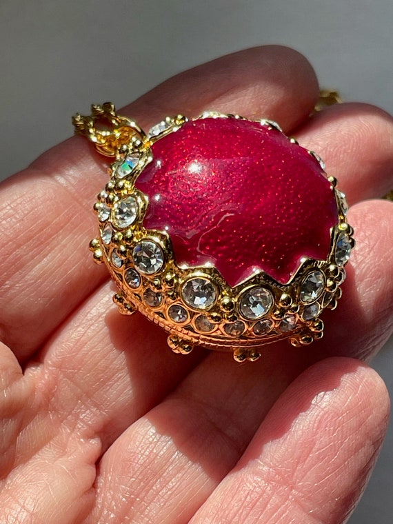 Amulet Necklace, Round Gold Ball with Red Enamel,… - image 2