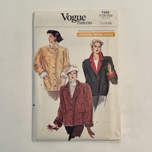 May include: Vogue Patterns sewing pattern number 7595 for sizes 12-14-16. The pattern is for a jacket and features three different styles. The first style is a tan jacket with a white fur collar and cuffs. The second style is a brown jacket with a brown fur collar and cuffs. The third style is a black jacket with a red collar and cuffs.