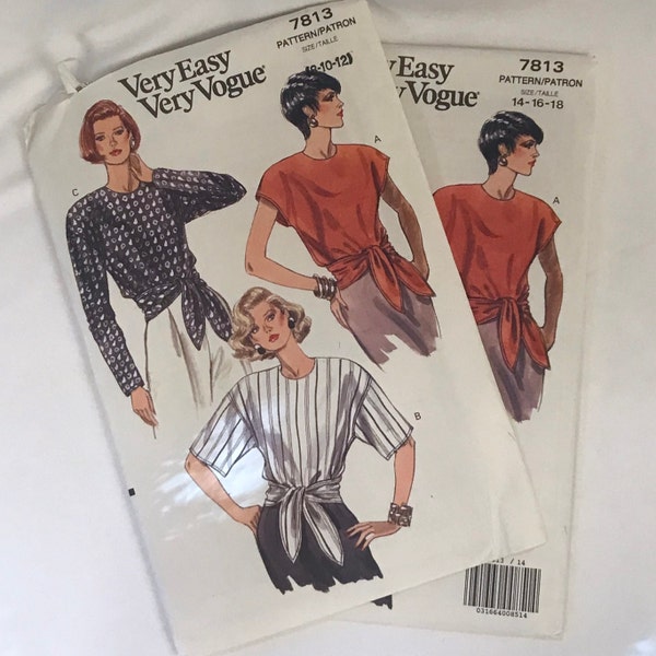 Round Neck Top, Blouse, with Front Tie Styling, Long or Short Sleeves, Vogue 7813, Size 8-10-12 OR 12-14-16 sewing pattern in original folds
