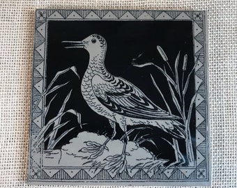 Antique Pottery Tile by Minton Hollins, Stoke on Trent, The Bird Series, Shore Bird in Black Transferware, Transfer Ware, Earthenware Tile