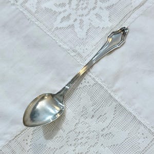 May include: A silver spoon with a decorative handle and a rounded bowl. The spoon is set against a white, patterned background, suggesting a vintage or antique aesthetic. The spoon's reflective surface catches the light, highlighting its polished finish.