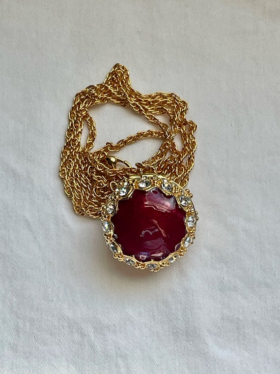 Amulet Necklace, Round Gold Ball with Red Enamel,… - image 1