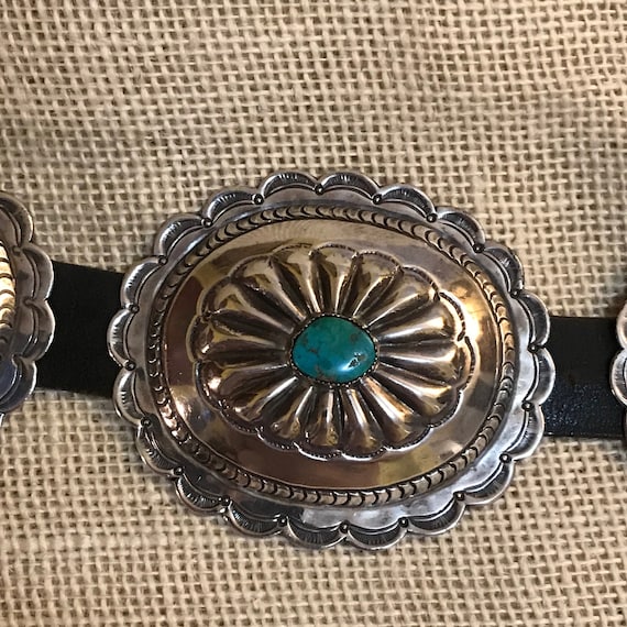 542 Grams 1970's Vintage Native American Navajo Signed Sterling Silver Turquoise Concho Belt 542 Grams 1970's Vintage Native American Navajo Signed Sterling Silver Turquoise Concho Belt