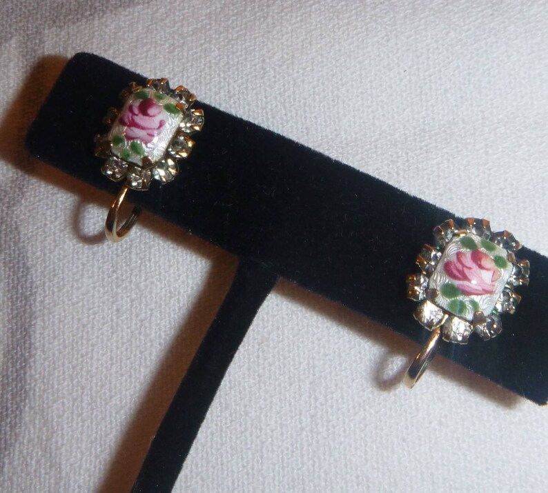 Enamel Guilloche Roses with Rhinestone Settings Antique Earrings with Screw Back Closure