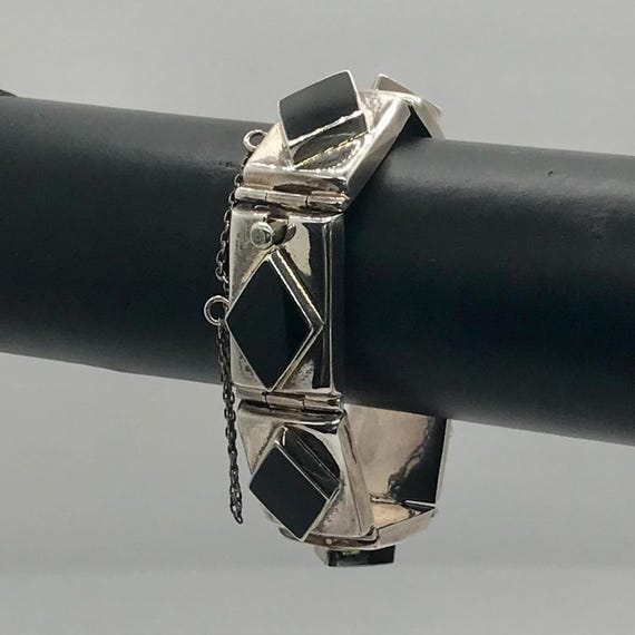 Bracelet Vintage Argent 925 - Chaîne Fine, Billettes Et Perles D'onyx Facettées - Style Années 1970