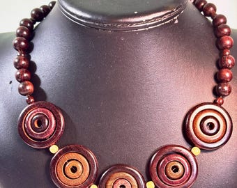 Vintage Wood Necklace with Disc Slices and Beads