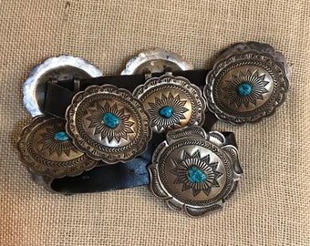 Navaho Concho Belt, Bisbee or Sleeping Beauty Turquoise, 628 Grams Signed Sterling Silver, 3" Repousse Conchos