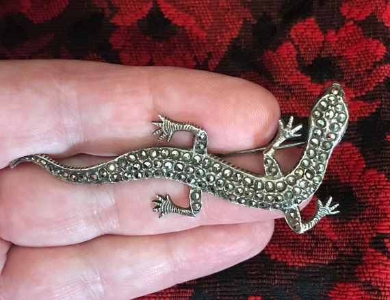 Sterling Silver, Marcasite Lizard Pin or Brooch, … - image 3