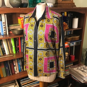 Scarf Print Blouse by Foxcroft, size 8 or 10, 1990&#39;s Florentine Style, with Black, Gold and Pink Print