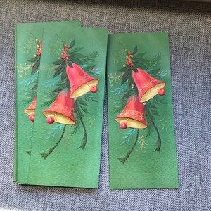Unused Slim Jim Christmas Cards, 15 Pieces, Vintage Hallmark, Red Bells, Green, Gold, Very 1960s, no envelopes