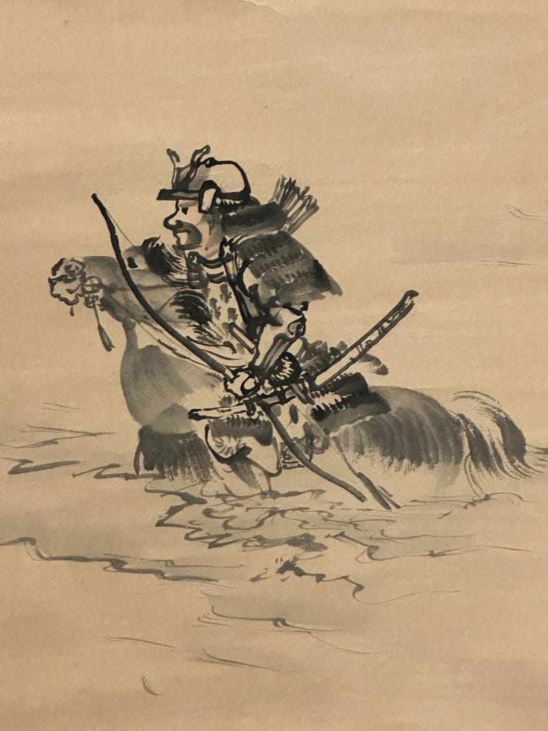 Antique Ink Brush Scroll, Kakejiku, Samurai Soldier With Calligraphy ...