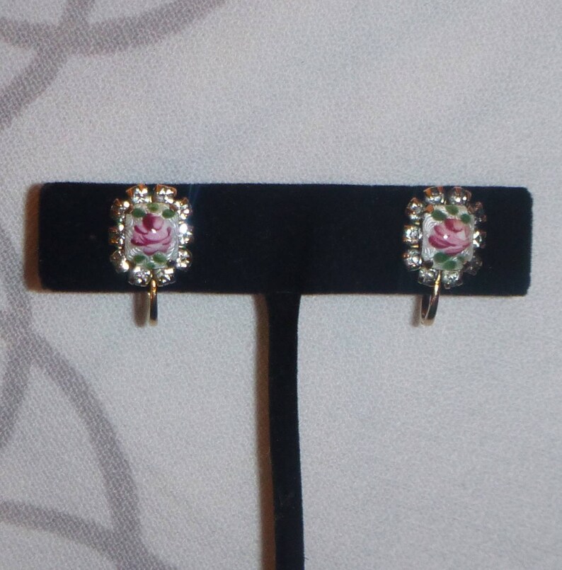Enamel Guilloche Roses with Rhinestone Settings Antique Earrings with Screw Back Closure