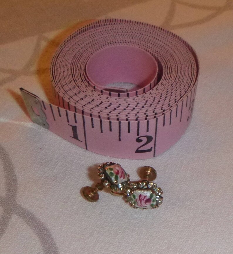 Enamel Guilloche Roses with Rhinestone Settings Antique Earrings with Screw Back Closure