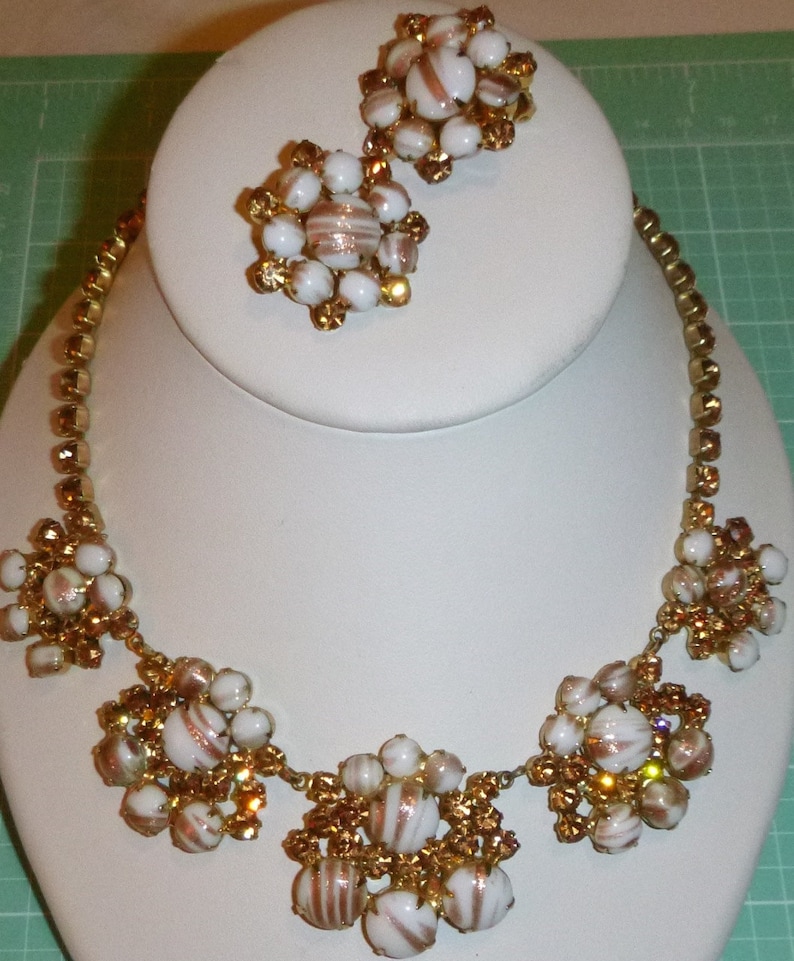 Vintage Rhinestone Necklace and Clip Earrings Juliana Demi Parure White Cabochons with Gold Fluss and Topaz Rhinestones