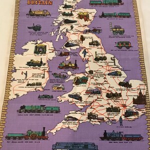 Mapa da história ferroviária da Grã-Bretanha como um pano de prato roxo, 100% linho, nunca usado
