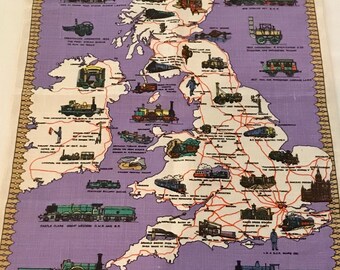 Railway History Map of Britain as a Purple Tea Towel, Vintage, all linen, NOS