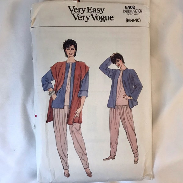 Artsy Boho Separates, Jacket, Top, Pants, Vest, Vogue Pattern 8402, Sz 6-8-10 and 12-14-16, vintage sewing pattern in original folds