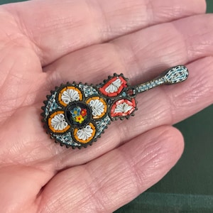 Antique Italian Micro Mosaic Guitar Brooch - Glass & Shell Pin