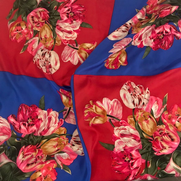 Silk Twill Floral Scarf by Perry Ellis, 35" Square with Tulips with Pink and Olive Green, Red and Royal Blue Ground, Hand Rolled Hem