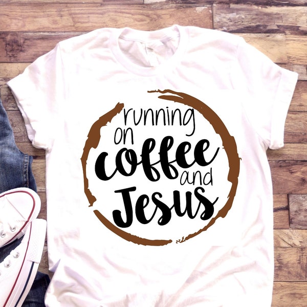 Running on coffee and Jesus V-Neck Shirt | Womens Womans Ladies | T-Shirt | Caffeine God Prayer