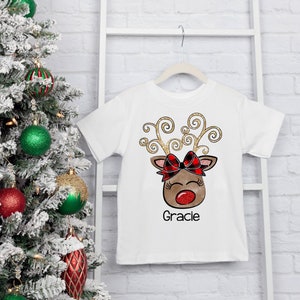 Christmas Shirt Reindeer Girl T shirt One Piece Bodysuit Name Personalized Holidays Buffalo Plaid Bow Etsy